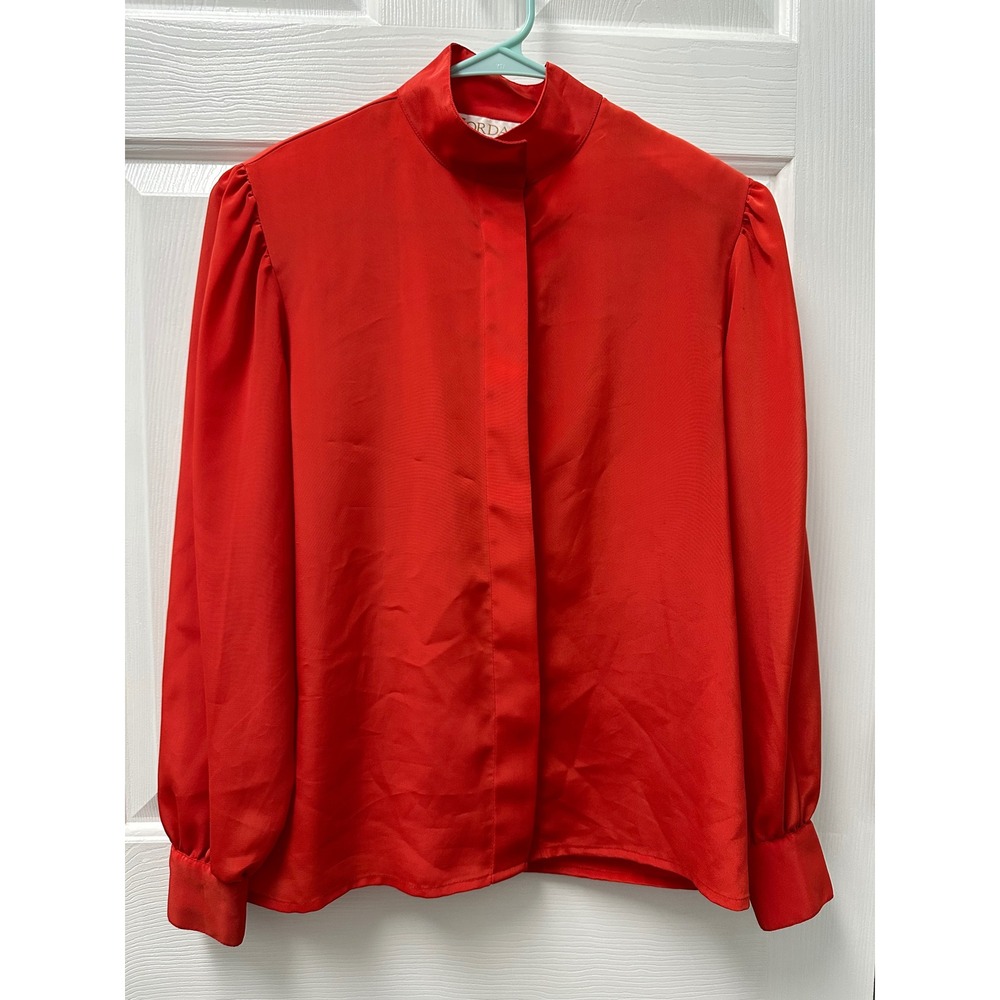 Jordan Vintage Scarlet Mock Neck Blouse Long Sleeve Pleated‎ Shoulder Size 6